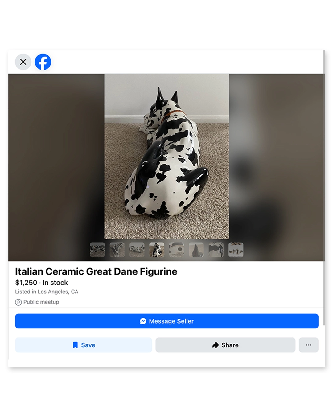 Black and white spotted ceramic Great Dane figurine lying on grey carpet, displayed in a Facebook Marketplace listing