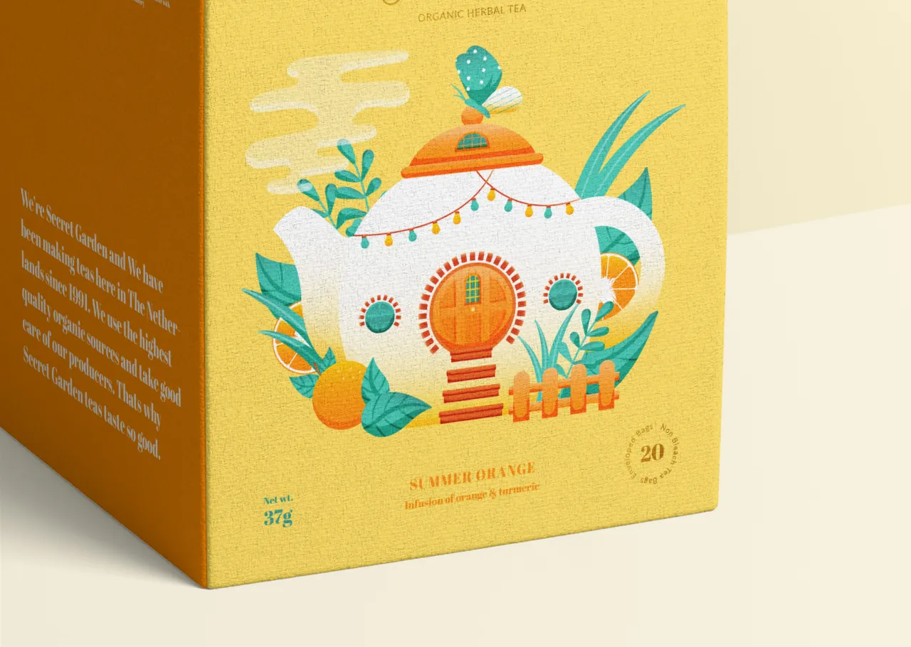 Yellow tea box packaging featuring an illustrated white teapot designed as a house with turquoise and orange details, surrounded by botanical elements and a cactus on top