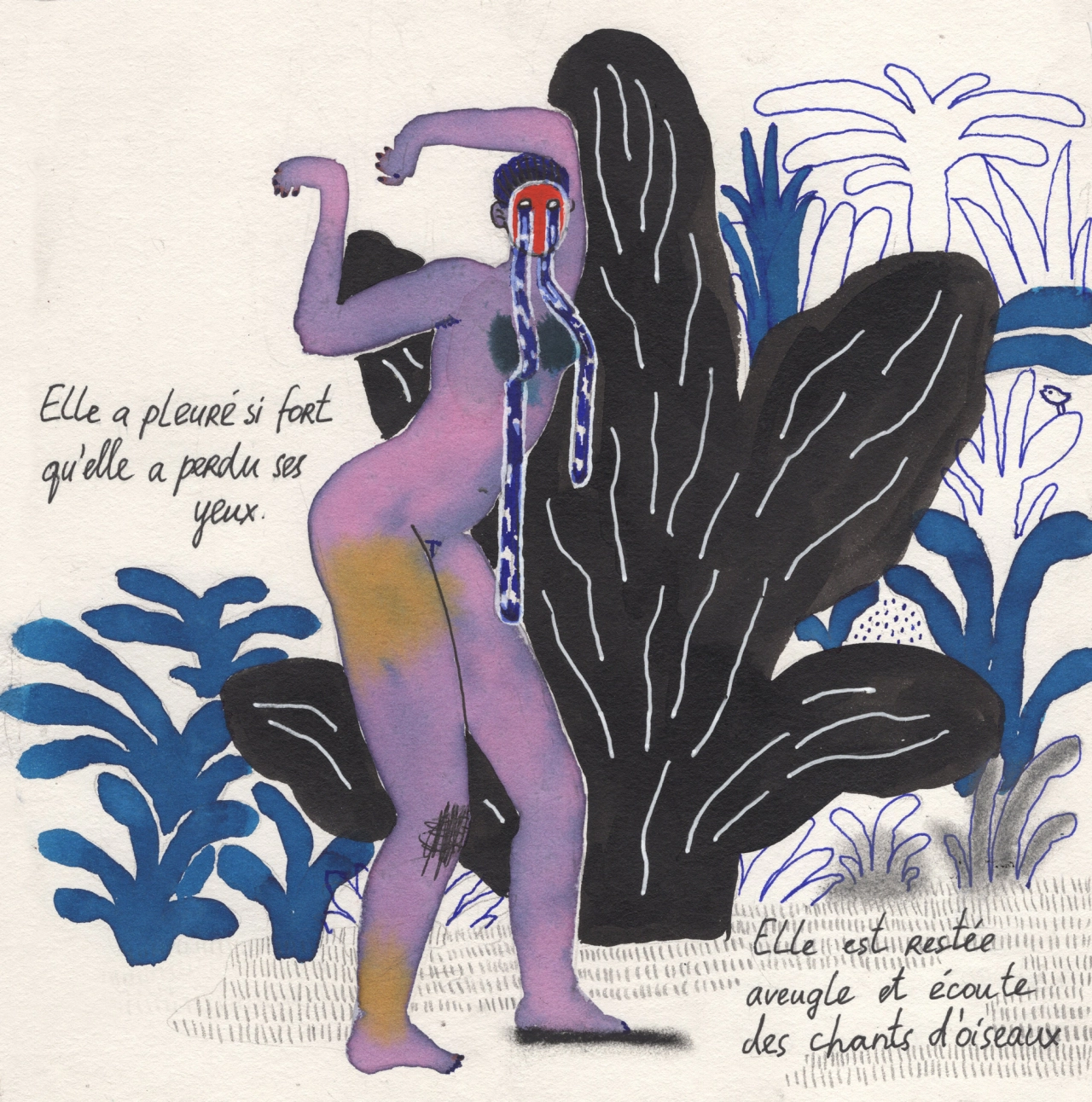 Purple-skinned figure with black wings holding chains, surrounded by stylised blue and black foliage, with French text, from Varya Yakovleva's Les Femmes sauvages series
