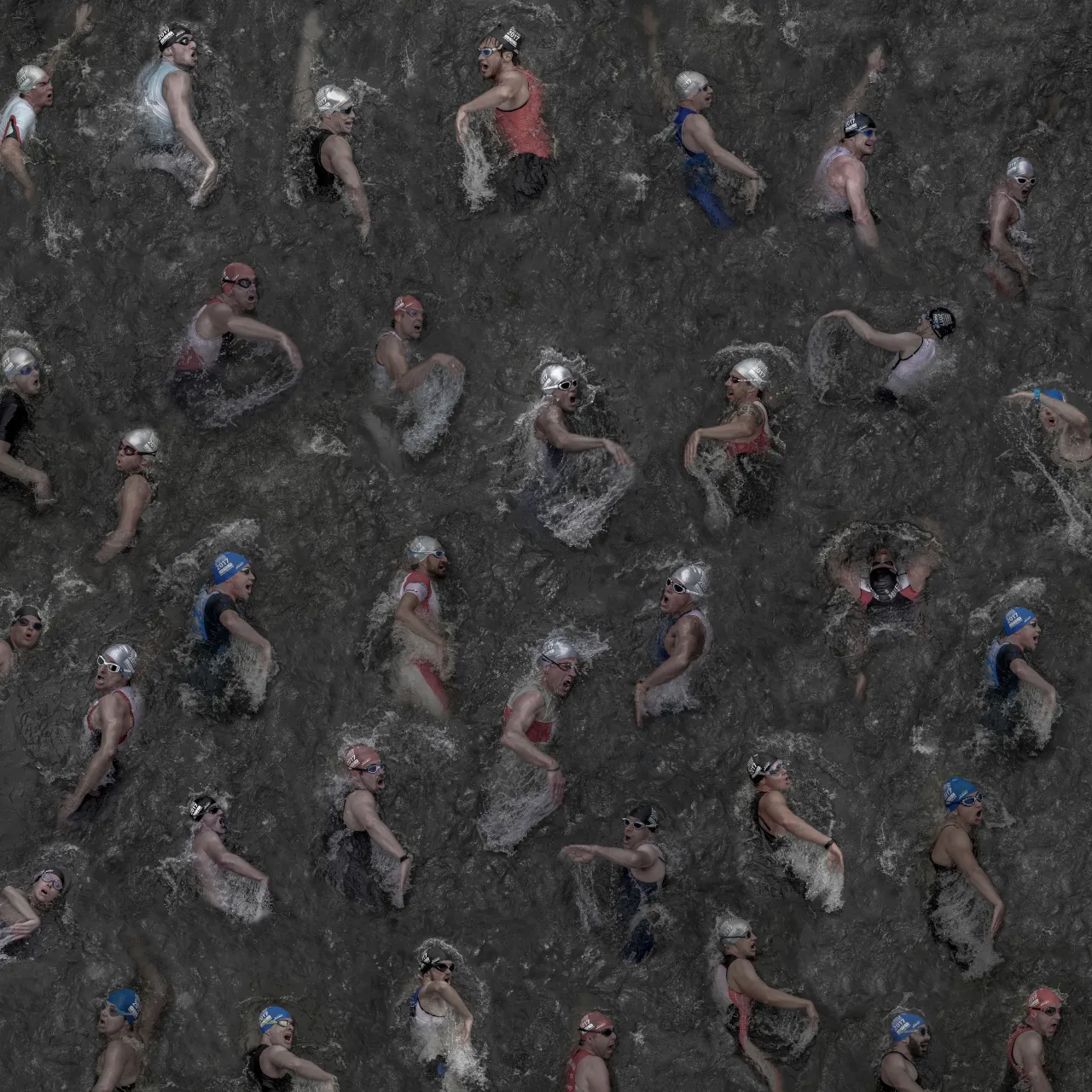 The picture was taken in summer  2017 from 35 individual  images of swimmers at the triathlon in the Duesseldorf Media Harbor. I was able to take a picture of them from above, while the athletes crossed a pedestrian bridge capturing their very individual "breathing techniques“. I was inspired by the work of Andreas Gursky, therefore I took the individual images with the highest possible sharpness. That enables me to display or print the overall picture in large format.  Copyright: © Klaus Lenzen, Germany, Shortlist, Open, Enhanced (Open competition), 2018 Sony World Photography Awards