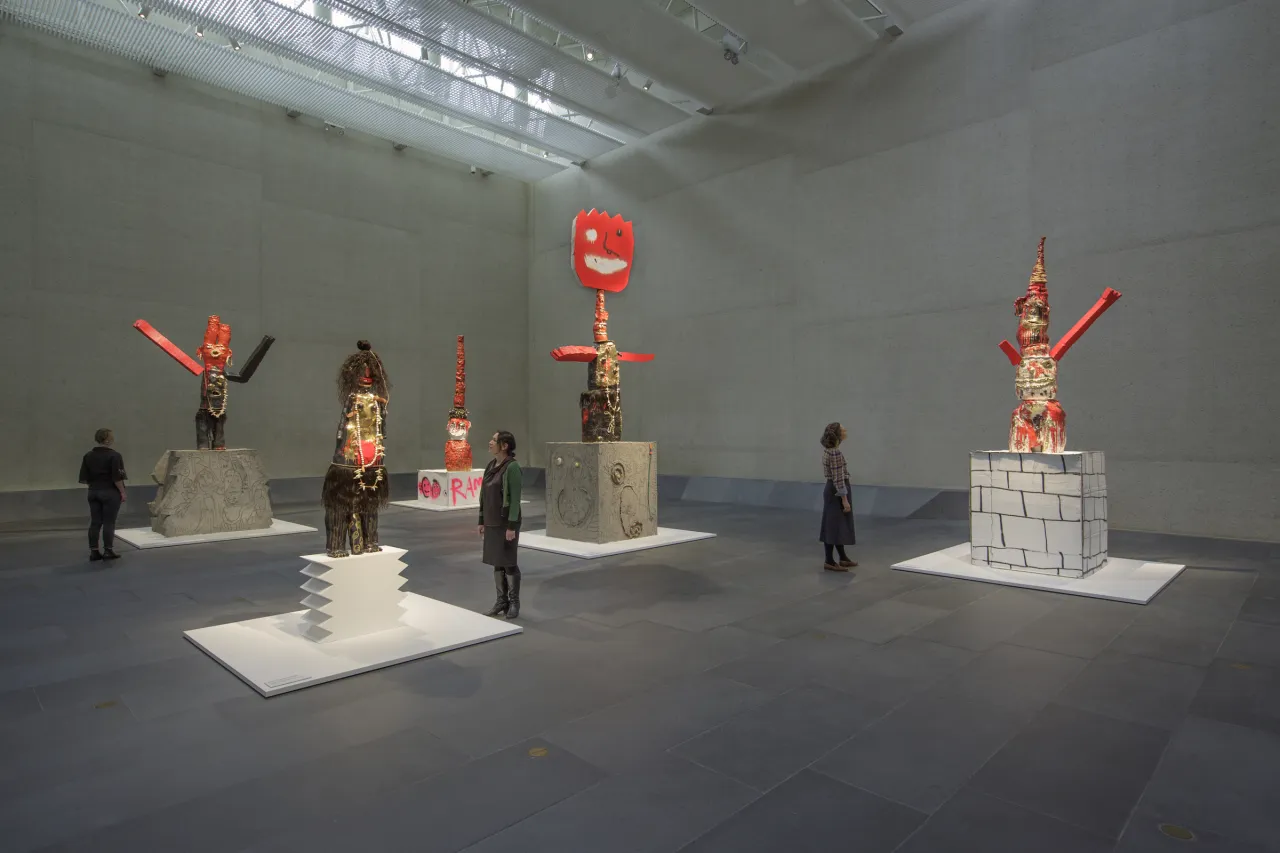 Ramesh Mario Nithiyendran, Mud Men (2016), Earthenware, Glaze, Gold Lustre, MDF, Cardboard, Acrylic, Enamel and Parcelain, dms variable