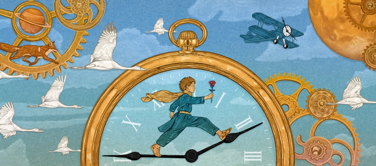 A figure in a teal outfit leaps across a large ornate golden clock face against a blue sky filled with white birds and mechanical gears.