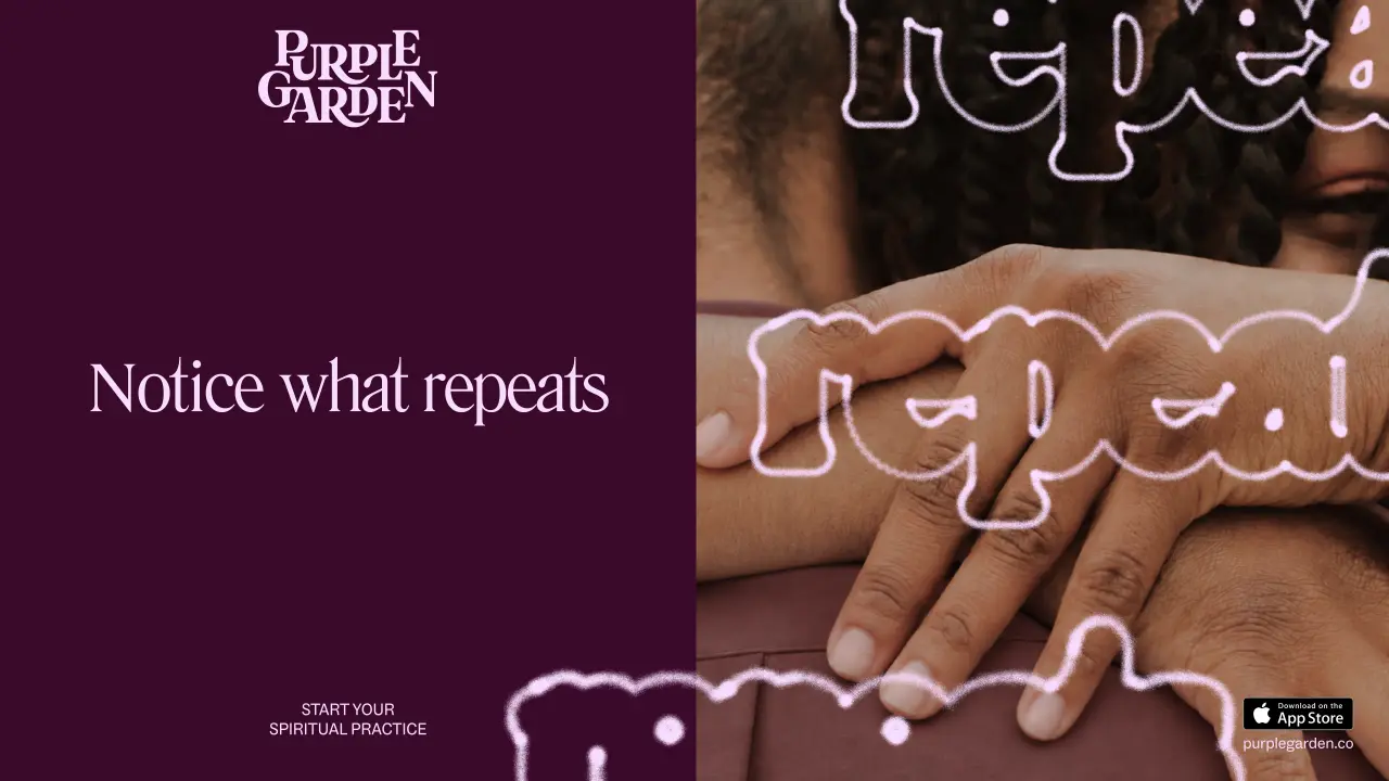 Purple Garden app screen showing overlapping white-outlined text reading "repeat" on a warm brown background with hands holding a phone displaying the interface