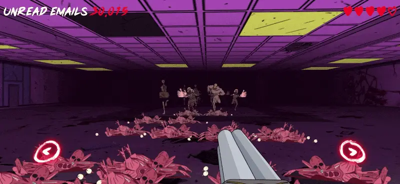 First-person view of a gun firing at zombie-like figures standing on a pile of pink flesh in a neon-lit corridor in The Unread game