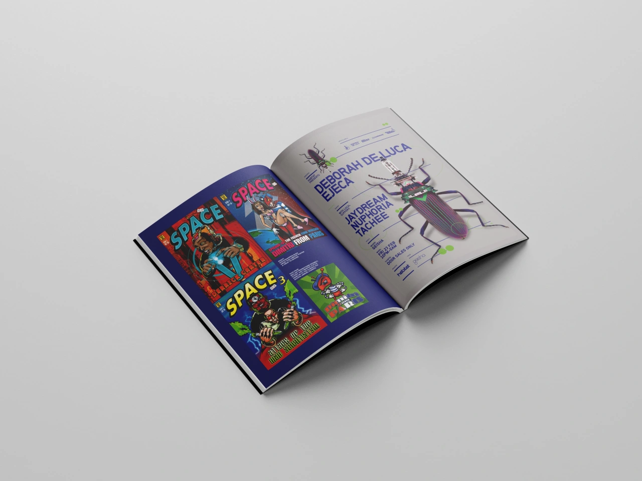 Open spread from Drawing on the Future showing colourful rave flyer designs on the left page and purple insect illustrations on the right page