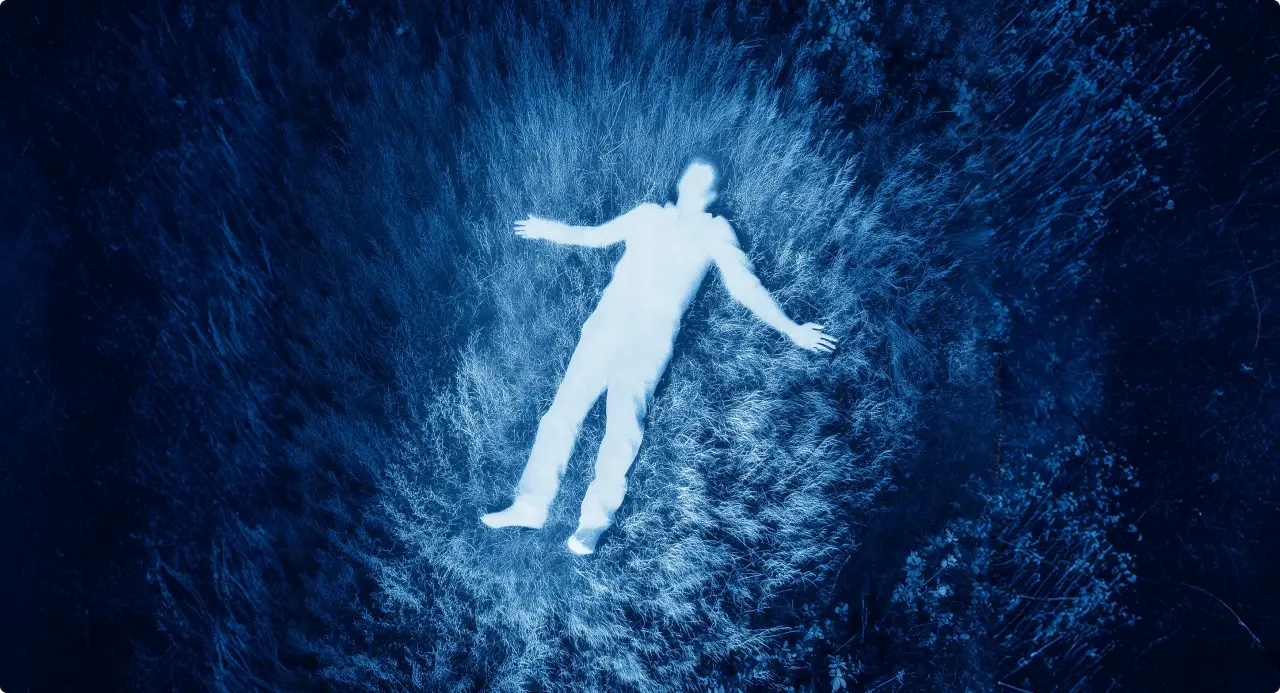 White silhouette of a figure floating against a textured deep blue background