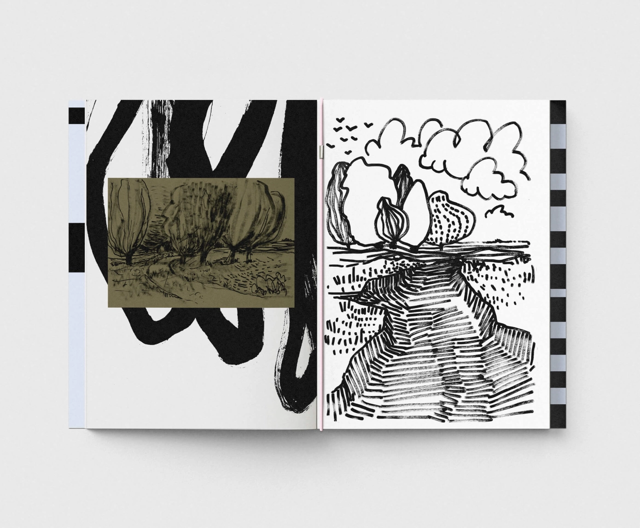 Open sketchbook spread showing pen drawings of landscape scenes with trees, clouds and fields, alongside a toned ink study of a hillside