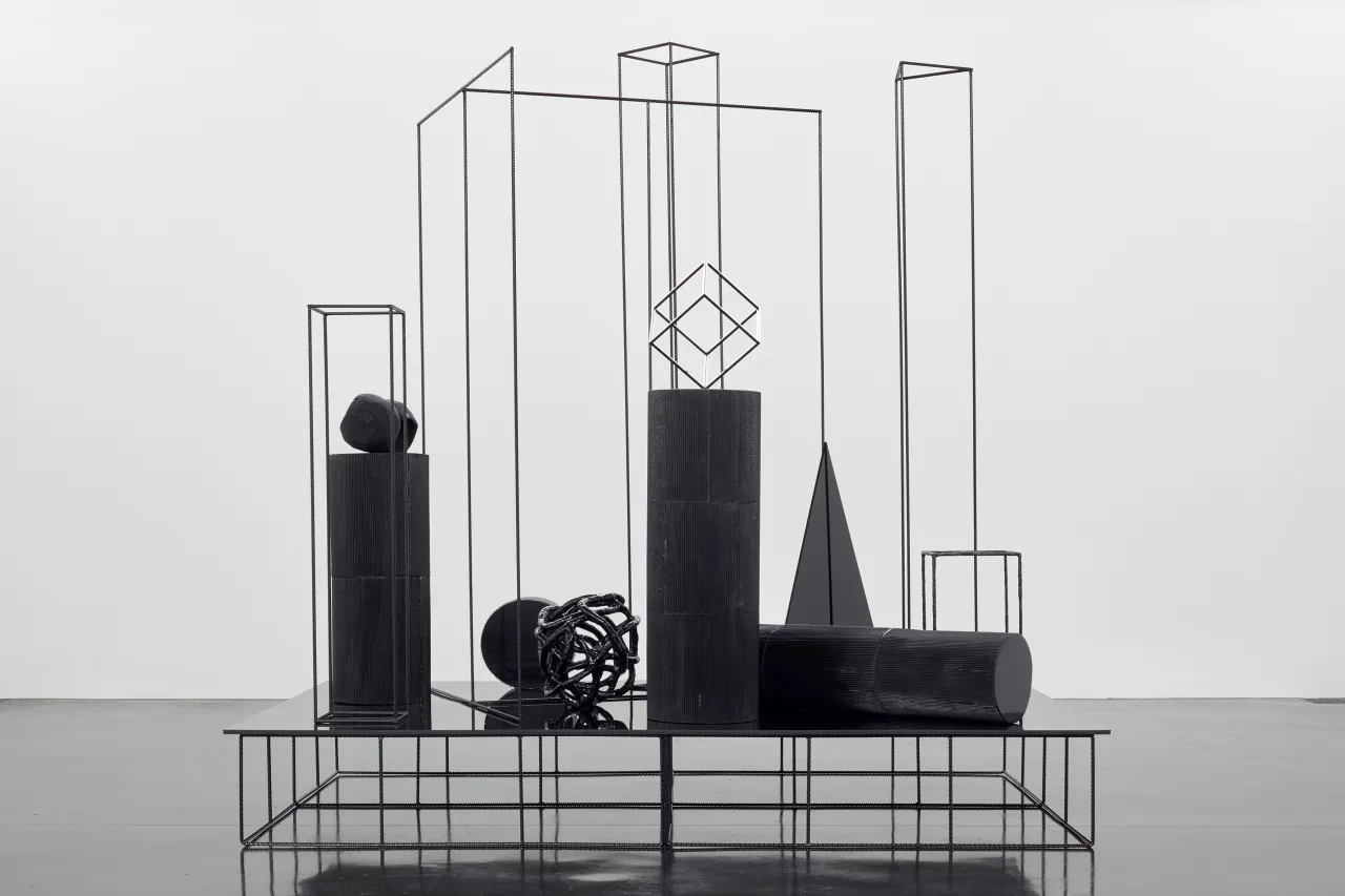 Eva Rothschild An Array, 2016 Jesmonite, rebar, plaster bandage, aluminium, perspex, glass beads, paint, rebar, 310 x 305 x 200 cm, 122 1/8 x 120 1/8 x 78 3/4 ins, Copyright the artist, courtesy 303 Gallery, New York & Stuart Shave/Modern Art, London