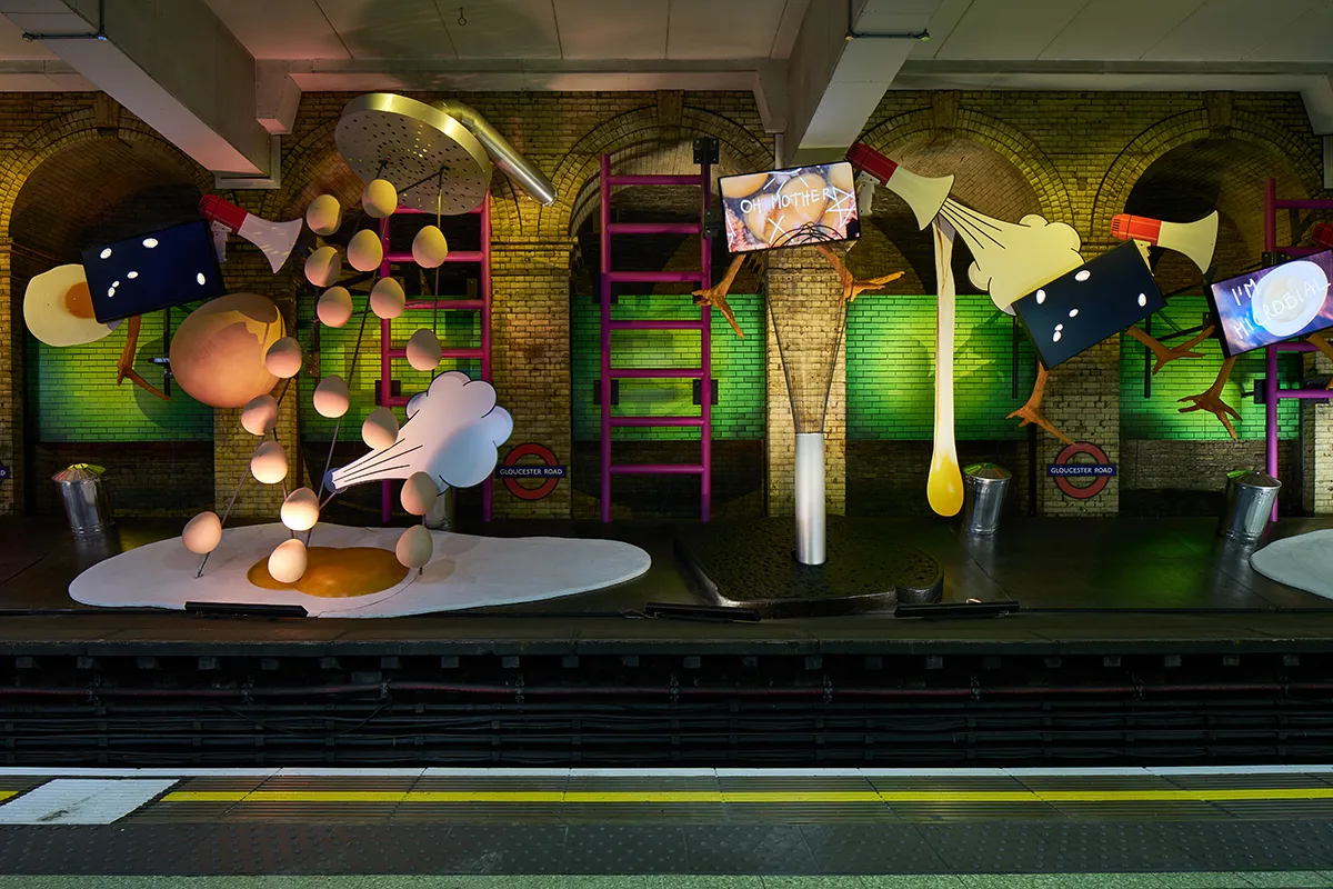 Heather Phillipson, my name is lettie eggsyrub, Gloucester Road station, 2018. Commissioned by Art on the Underground. Photo: G.G. Archard