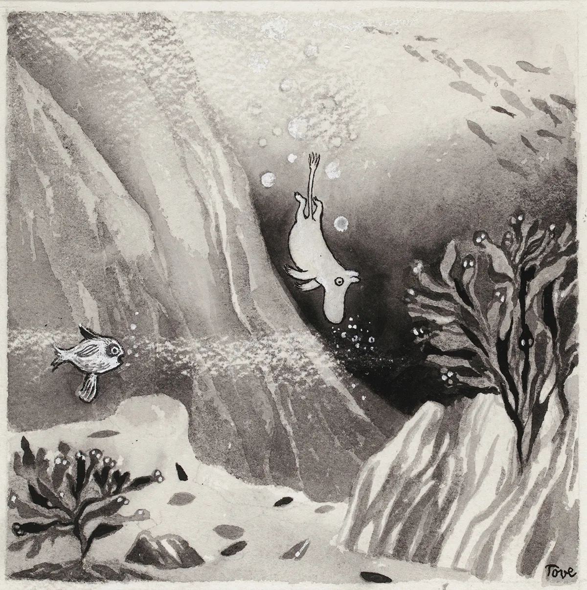 Tove Jansson, Illustration for the book Moominland Midwinter, c. 1956, scrape drawing on cardboard, 13 x 18,5 cm, Private Collection. Photo: Finnish National Gallery / Hannu Aaltonen