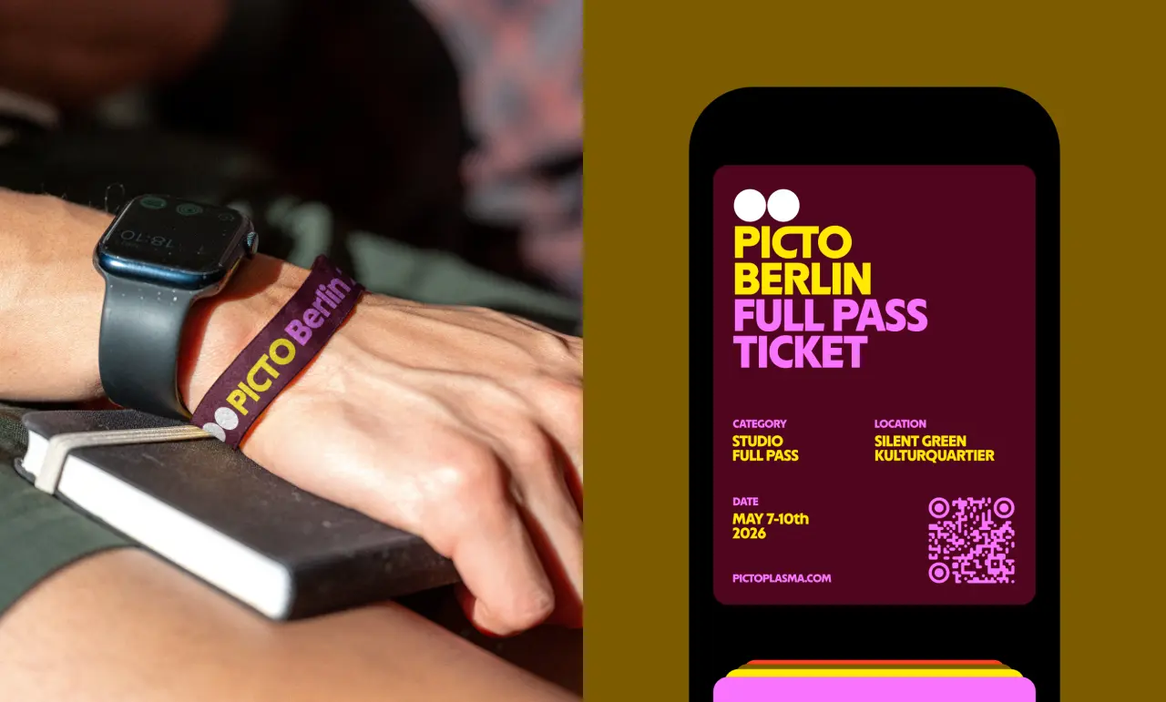 Person wearing a smartwatch with a purple Pictoplasma Berlin wristband beside a smartphone displaying the festival's full pass ticket on a yellow background