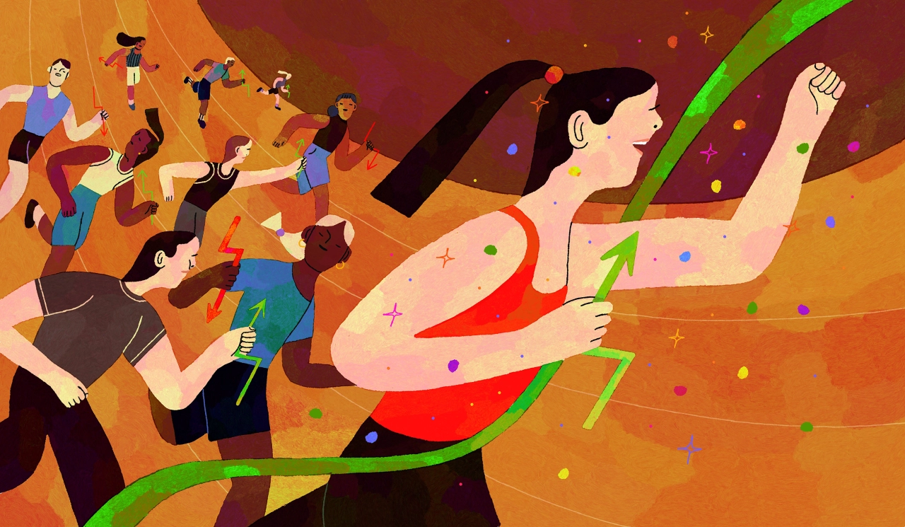 Illustration of a woman with long dark hair in a red dress leading a diverse group of runners in a dynamic upward motion against an orange and burgundy gradient background with colourful confetti.