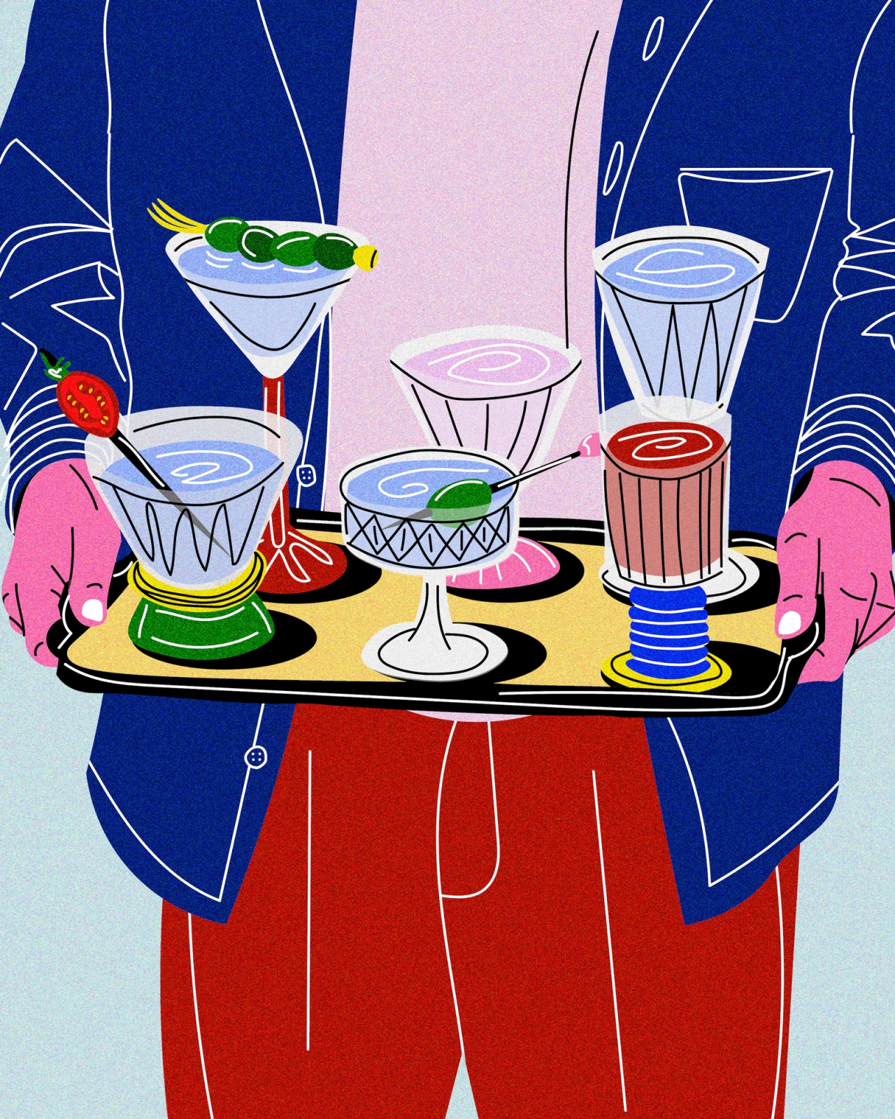 Person in pink gloves and blue jacket holding a tray of colourful cocktails with various garnishes against a pale blue background