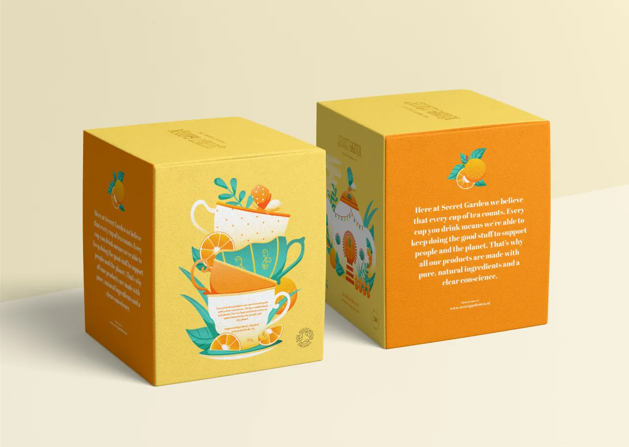 Front and back views of Secret Garden tea packaging boxes featuring illustrated teapots with colourful foliage and orange text on yellow and orange backgrounds