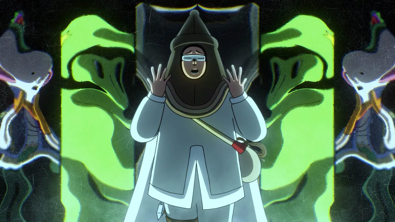 Animated character in dark hooded robe with glowing green ethereal hands raised, surrounded by symmetrical green ghostly shapes against black background