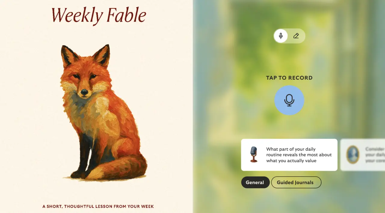 The Untold app interface showing a red fox illustration labelled "Weekly Fable" with a voice recording prompt and journalling options
