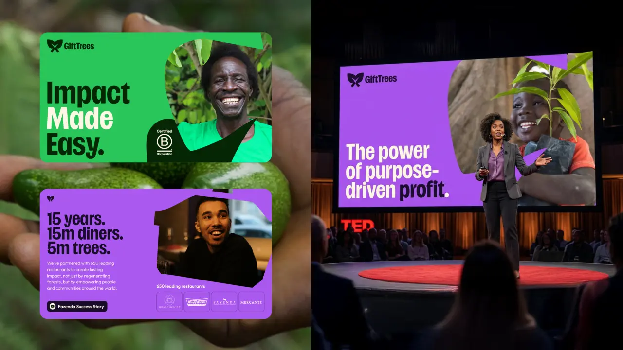 Two panels showing GiftTrees branding: left shows printed materials with green and purple designs featuring portraits and text "Impact Made Easy" and "The power of purpose-driven profit"; right shows the same branding displayed on a large screen at a TED