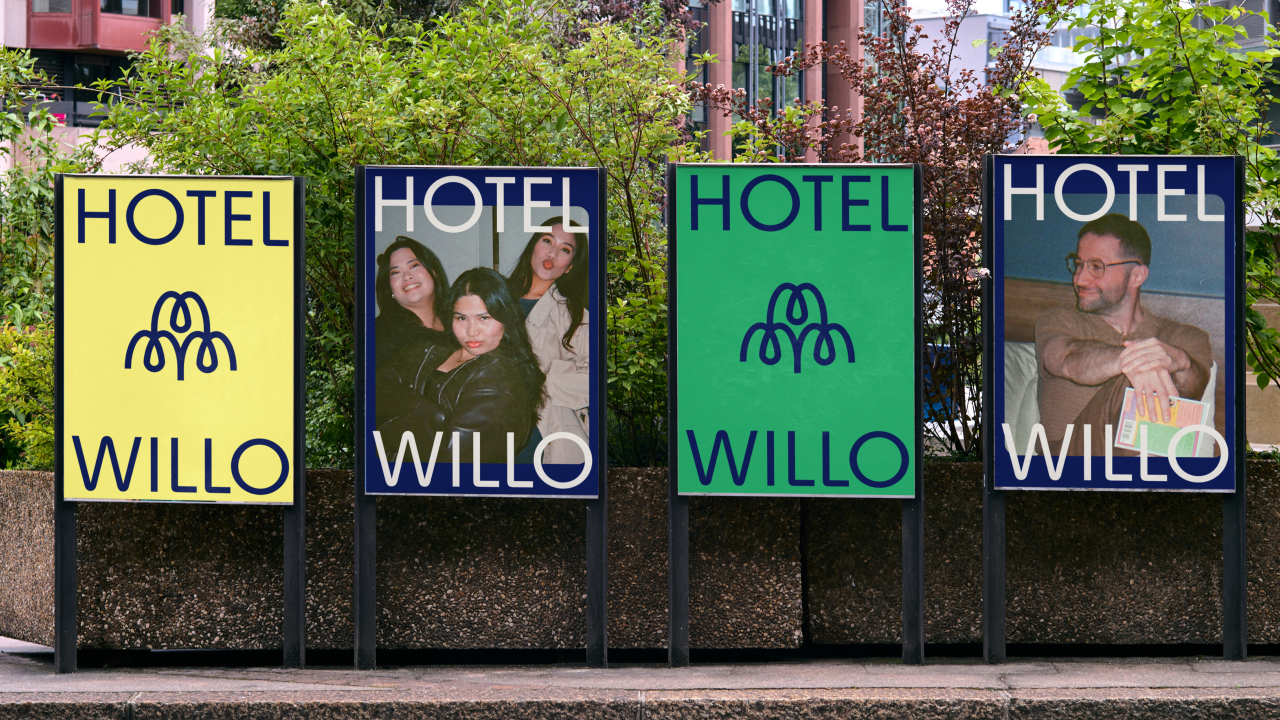 Four outdoor advertising posters for Hotel Willo featuring the hotel logo and photographs of guests and staff against coloured backgrounds