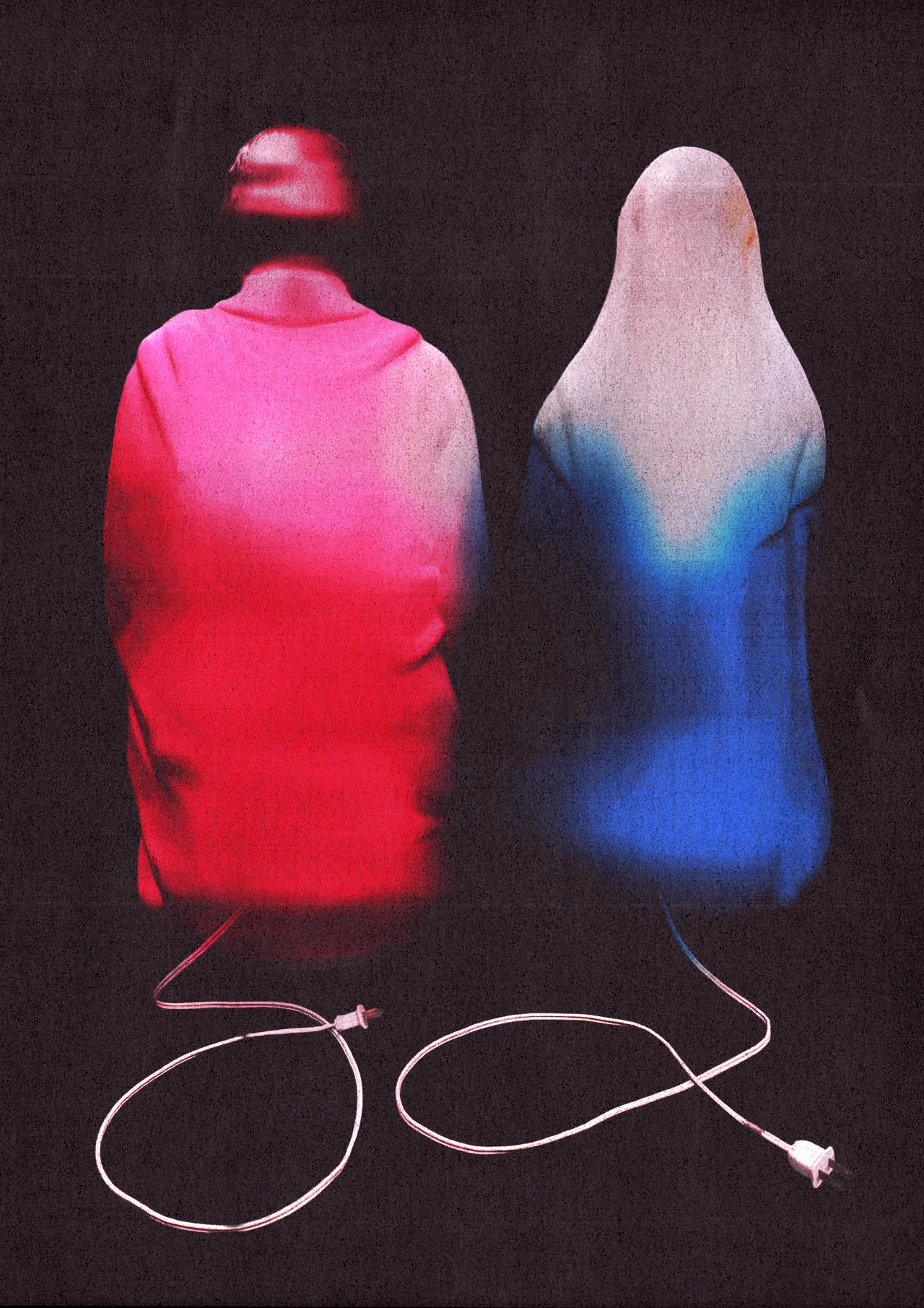 Two figures shown from behind, one lit in red and one in blue, with cables trailing below against a dark background