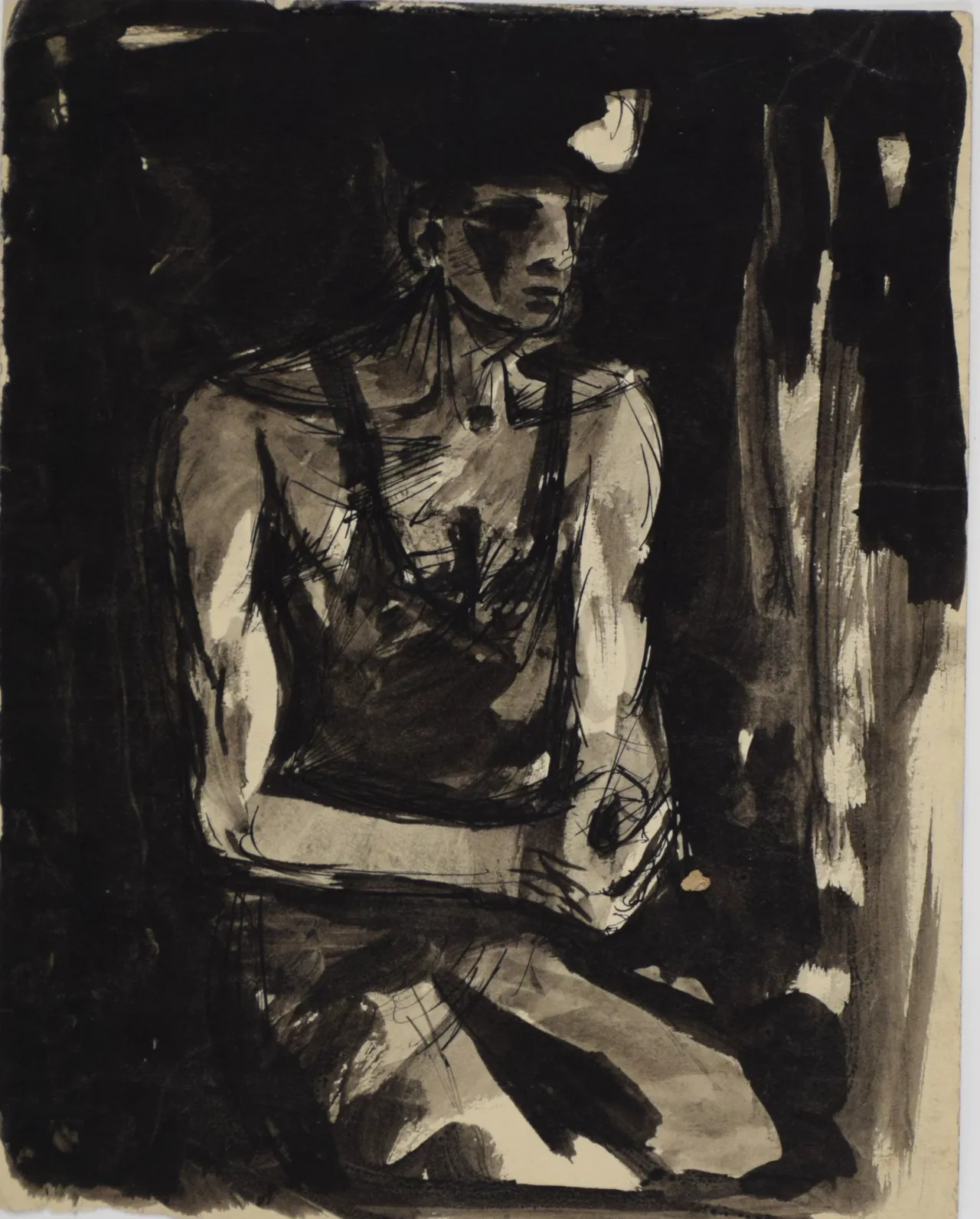 David McClure. Head of a Miner. 1948. Pen and ink on paper. 225mm x 235mm. Photograph: Richard Hawkes. Copyright: The David McClure Estate. Courtesy of The Auckland Project.