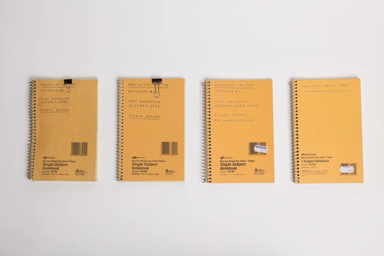 Wes Anderson's personal notebooks from FANTASTIC MR. FOX.  Photo by Roger Do Minh. © Wes Anderson