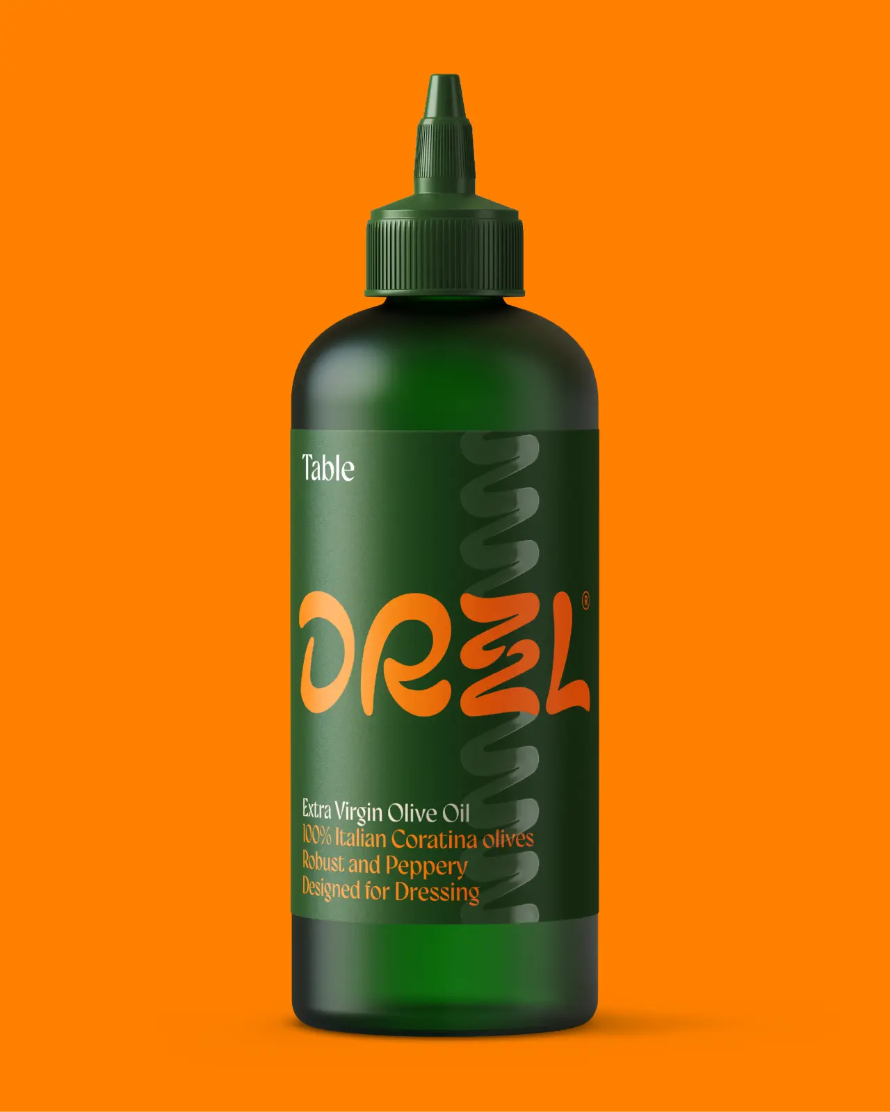 Dark green bottle of Drzzl extra virgin olive oil with orange text and green cap against a vibrant orange background