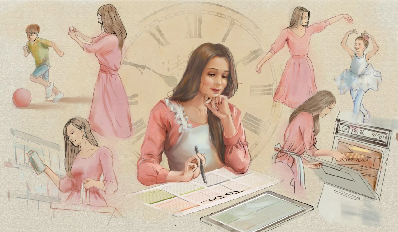 A collage illustration of a woman writing a to-do list, surrounded by dreamlike vignettes of her doing other things: playing with a child, dancing, reading and cooking, set against a giant clock face.