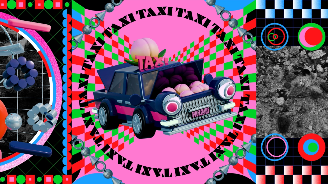 Vibrant neon-pink and checkerboard graphic design featuring a stylised taxi car surrounded by concentric circles and text reading "TAXI TAXI TAXI"