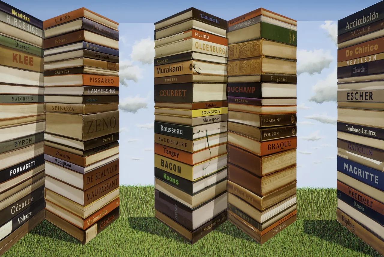 Patrick Hughes, Bookends, 2015, Hand-painted and photographic multiple with archival inkjet, (c) Patrick Hughes, Courtesy of Flowers Gallery London and New York