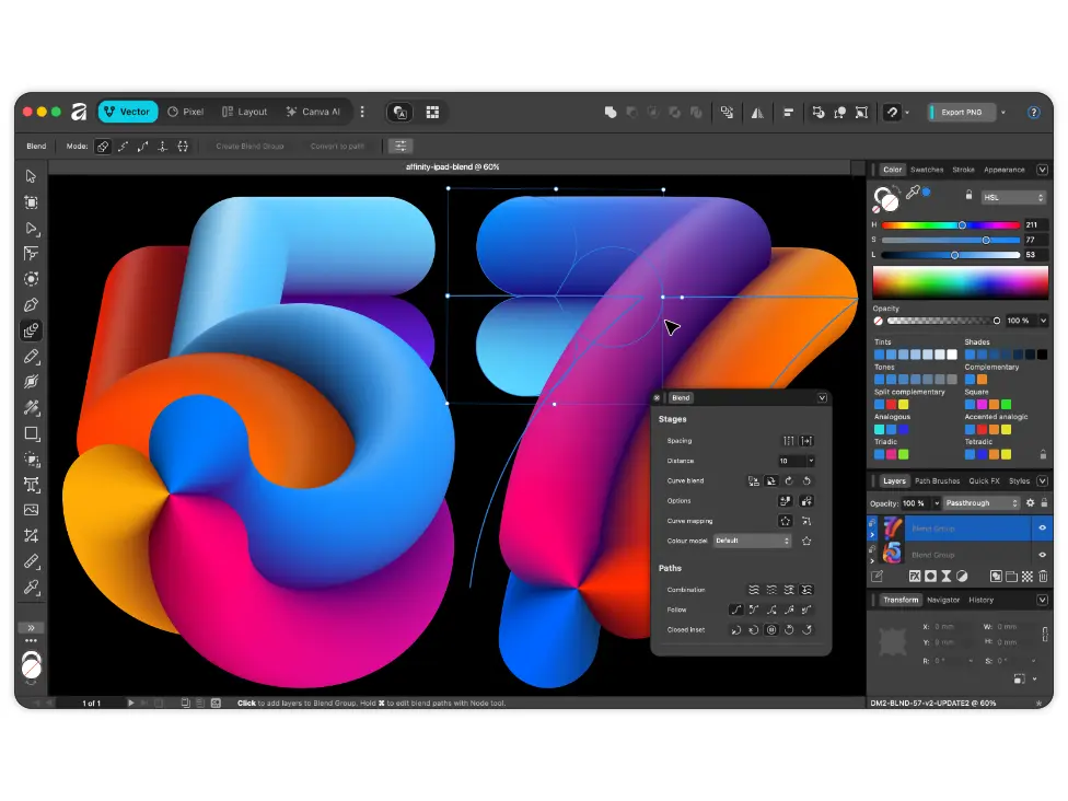 Affinity Designer interface displaying vibrant 3D numbers 5 and 7 with gradient colours, demonstrating the blend tool feature