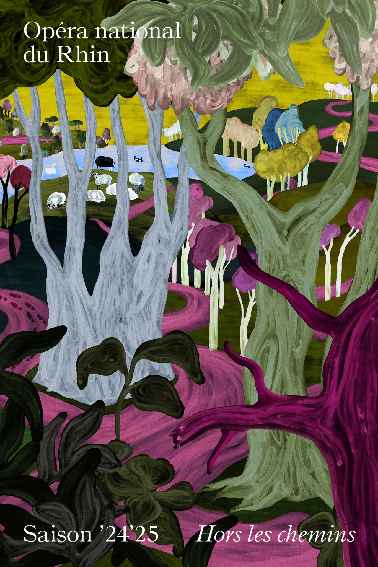 Colourful illustration of a stylised forest with white-trunked trees, pink and purple foliage, and a yellow sky for Opéra national du Rhin's 2024-25 season poster