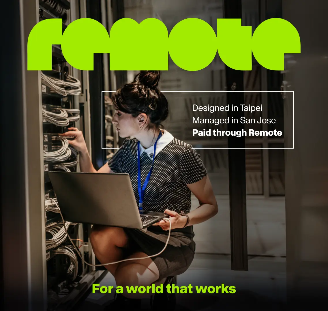 Person in black polka dot shirt holding laptop while working on server equipment with Remote's lime green wordmark and tagline "For a world that works" overlaid