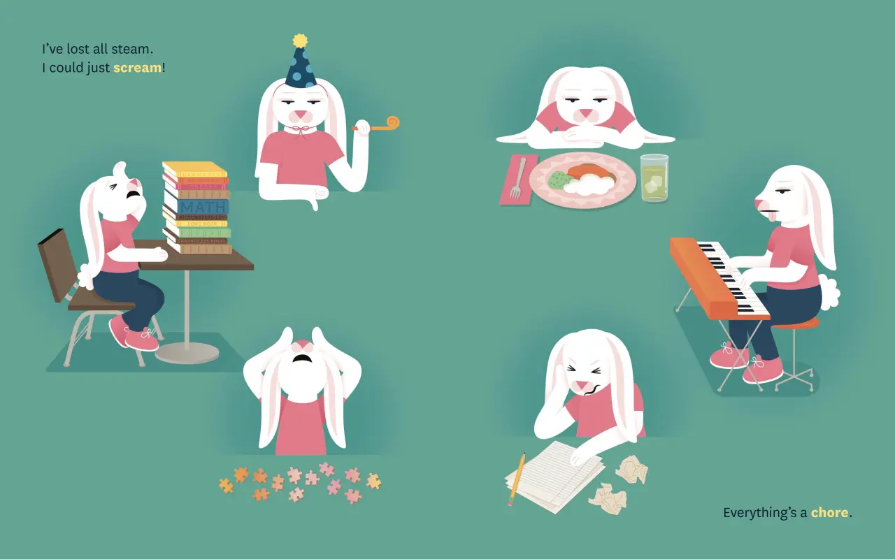 Illustrated characters with long ears experiencing different emotions: one overwhelmed by books, one frustrated with a lightbulb, one cooking, one playing keyboard, one angry with falling stars, and one with scattered papers, all on a teal background
