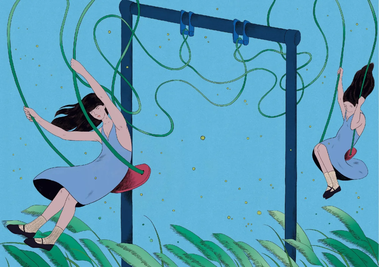 Two figures swing on a blue backdrop surrounded by tangled green ropes, with green foliage at the bottom and scattered gold dots, illustrating the interconnected nature of self-companionship