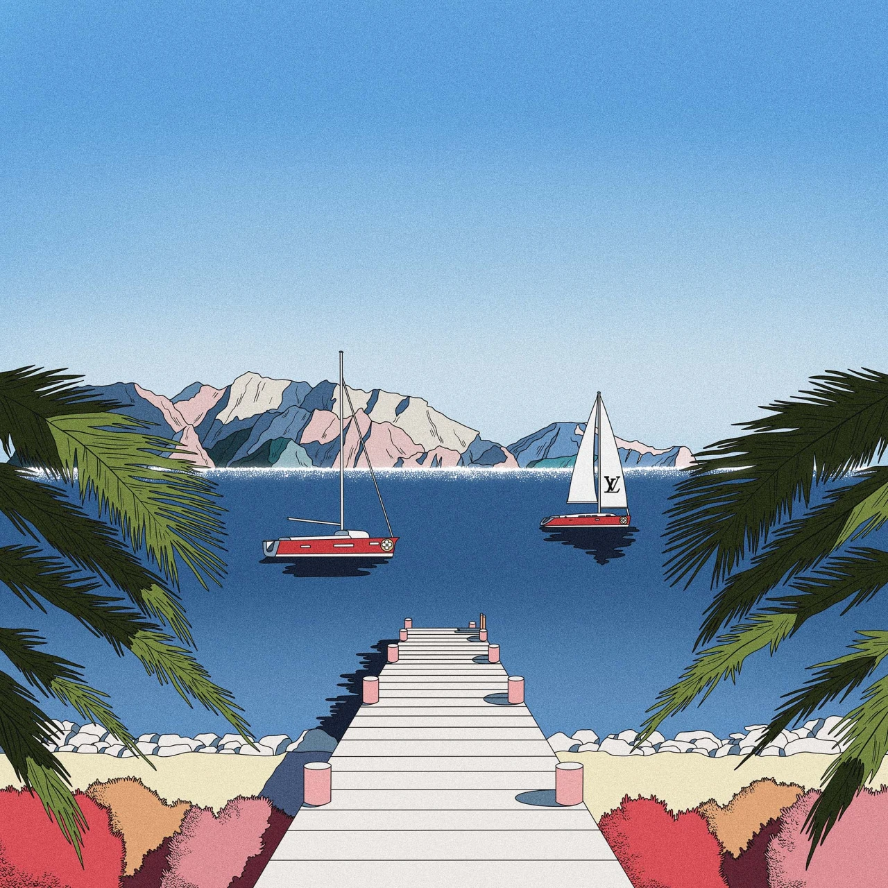 White pier stretching into a blue bay with red sailboats, mountains beyond and palm fronds framing the scene in a minimalist illustration style