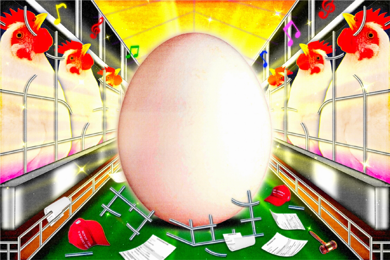 A giant egg sits at the centre of a greenhouse surrounded by red flowers, with scattered papers and musical notes on the ground below