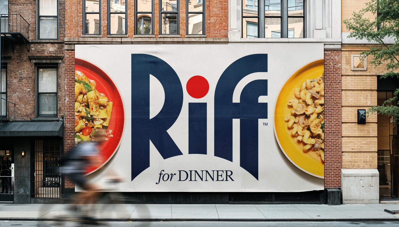 Riff for Dinner storefront sign with navy logo and bowls of colourful prepared meals on either side, mounted on a brick building facade