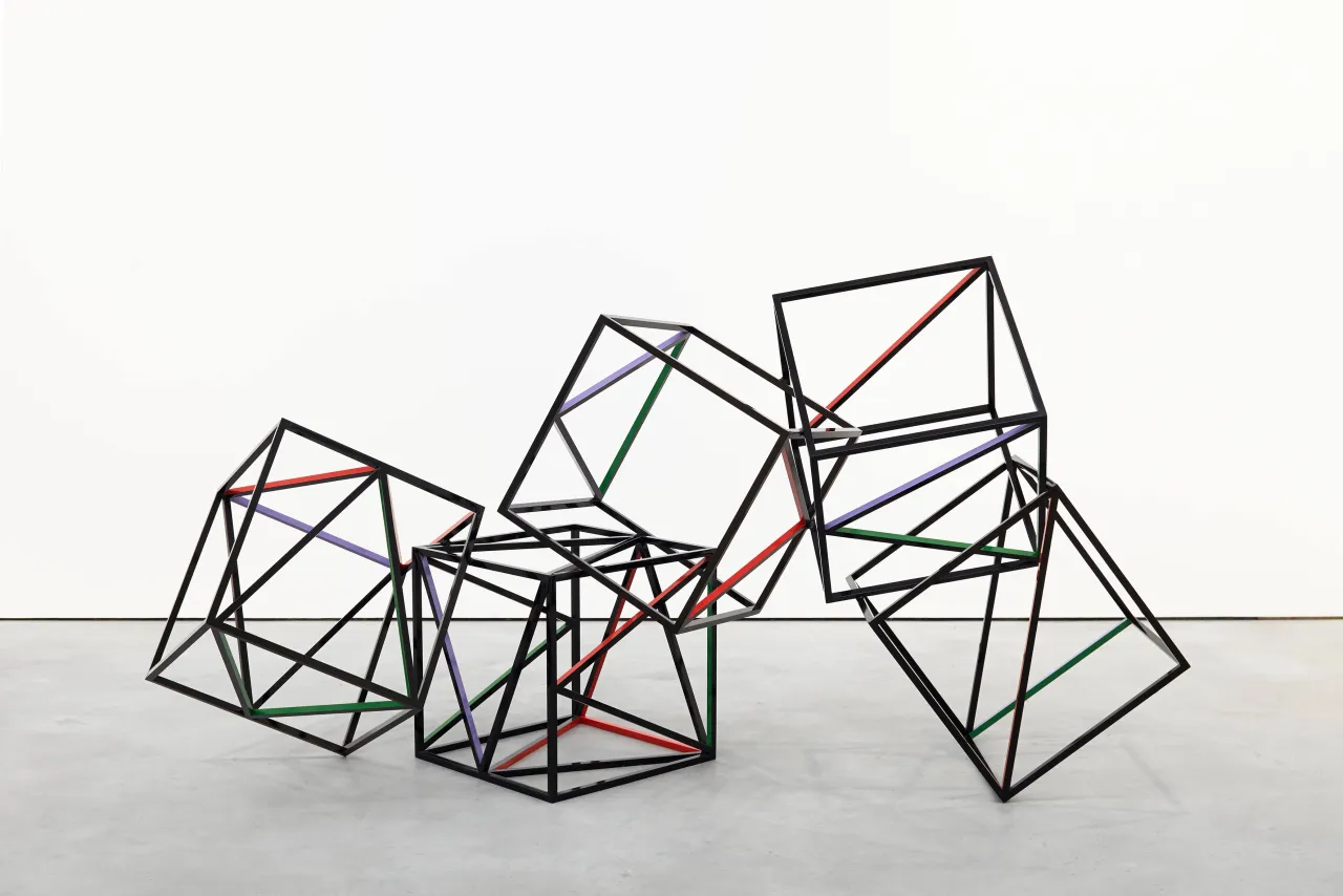 Eva Rothschild Fall, Fall, and Falling, 2014, Powder coated steel, enamel paint, 118 x 240 x 100 cm, 46 1/2 x 94 1/2 x 39 3/8 ins, Copyright the artist, courtesy Stuart Shave/Modern Art, London