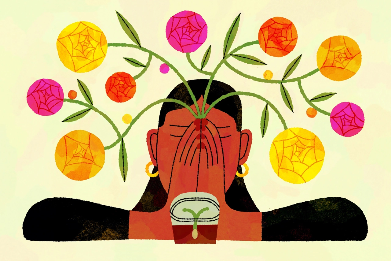 Illustration of a figure with red skin and black hair holding an open book, surrounded by colourful geometric flowers and green stems against a pale yellow background