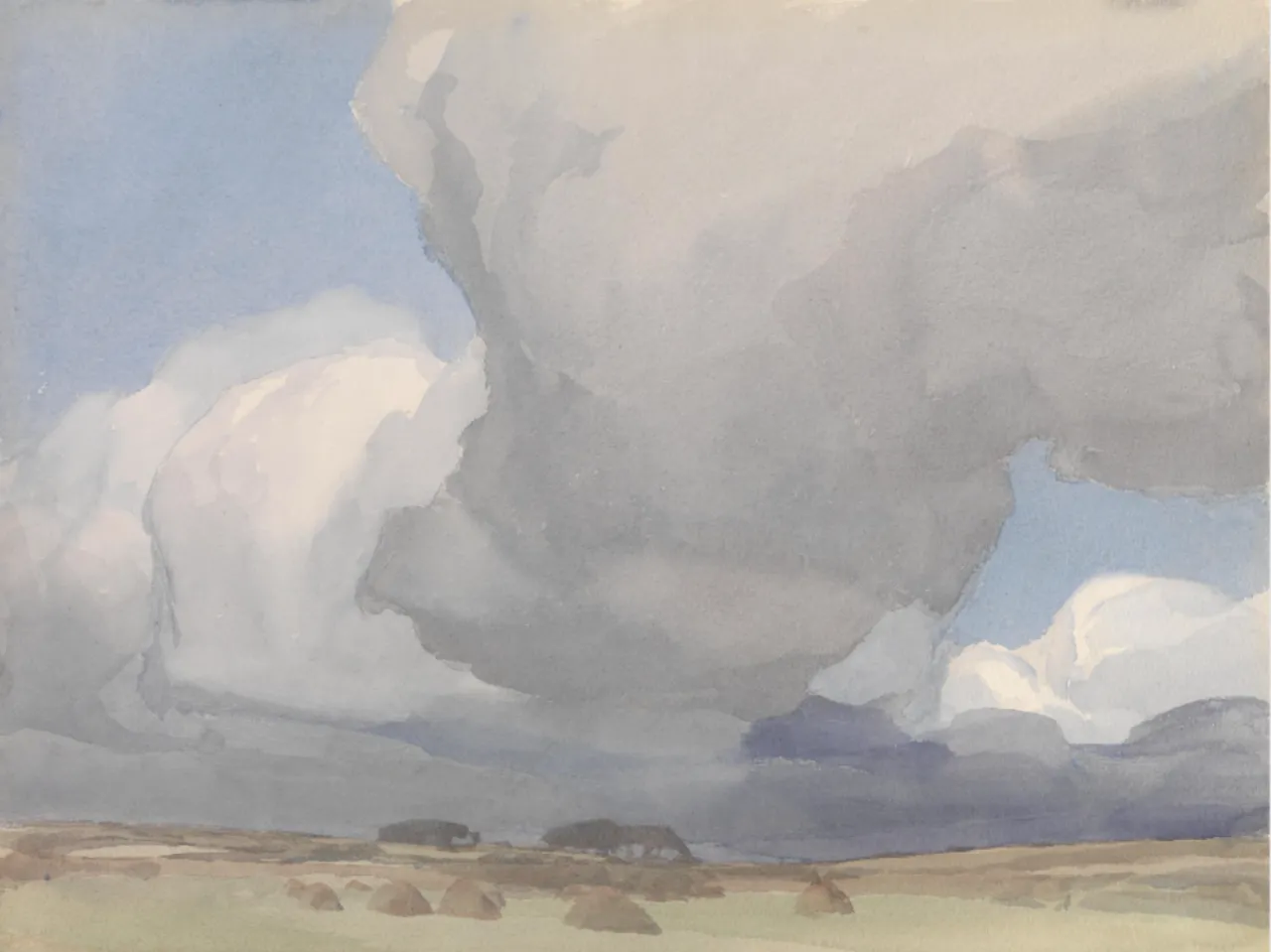Large clouds over a harvested field, c.1900-1933