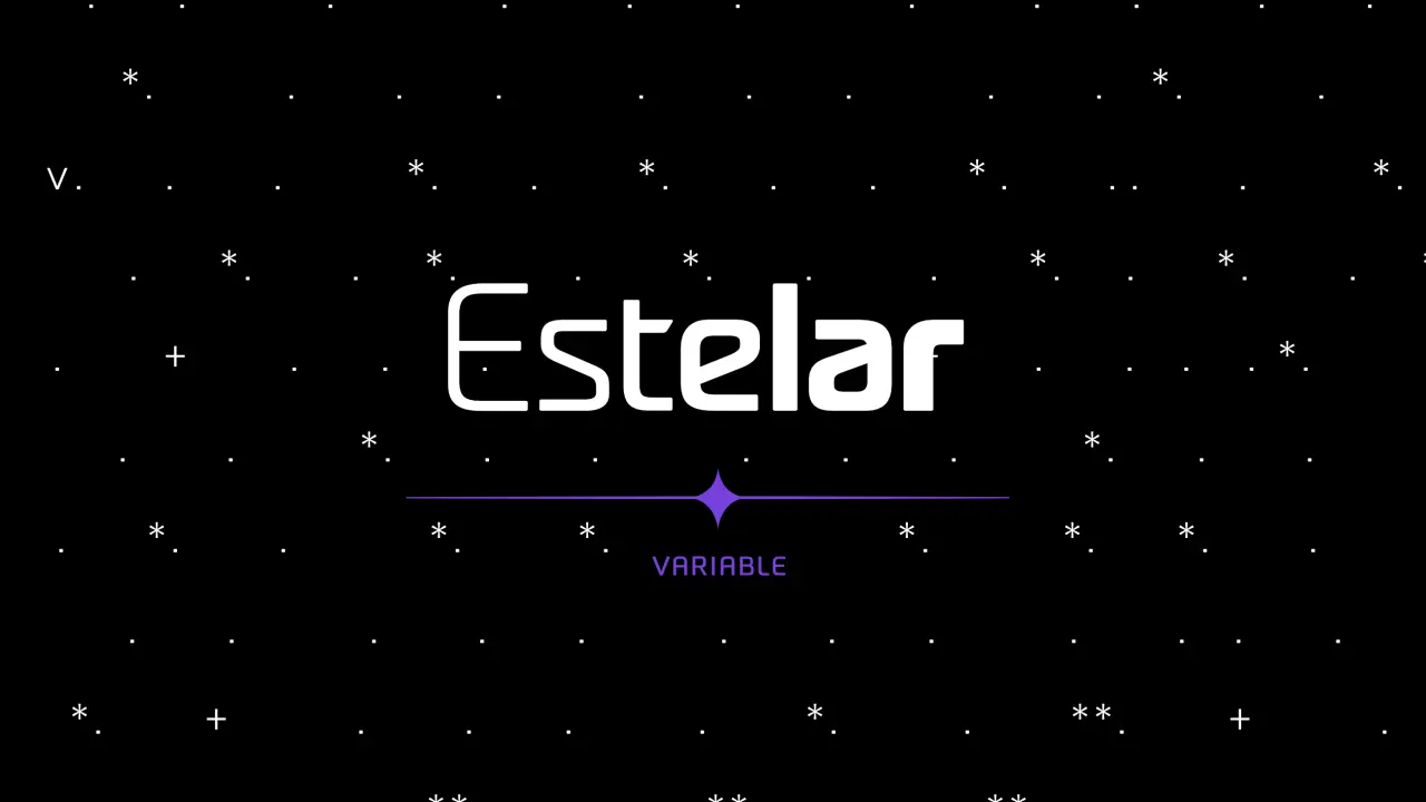 Estelar typeface name displayed in white text on a starry black background with a purple diamond accent and "Variable" label beneath it