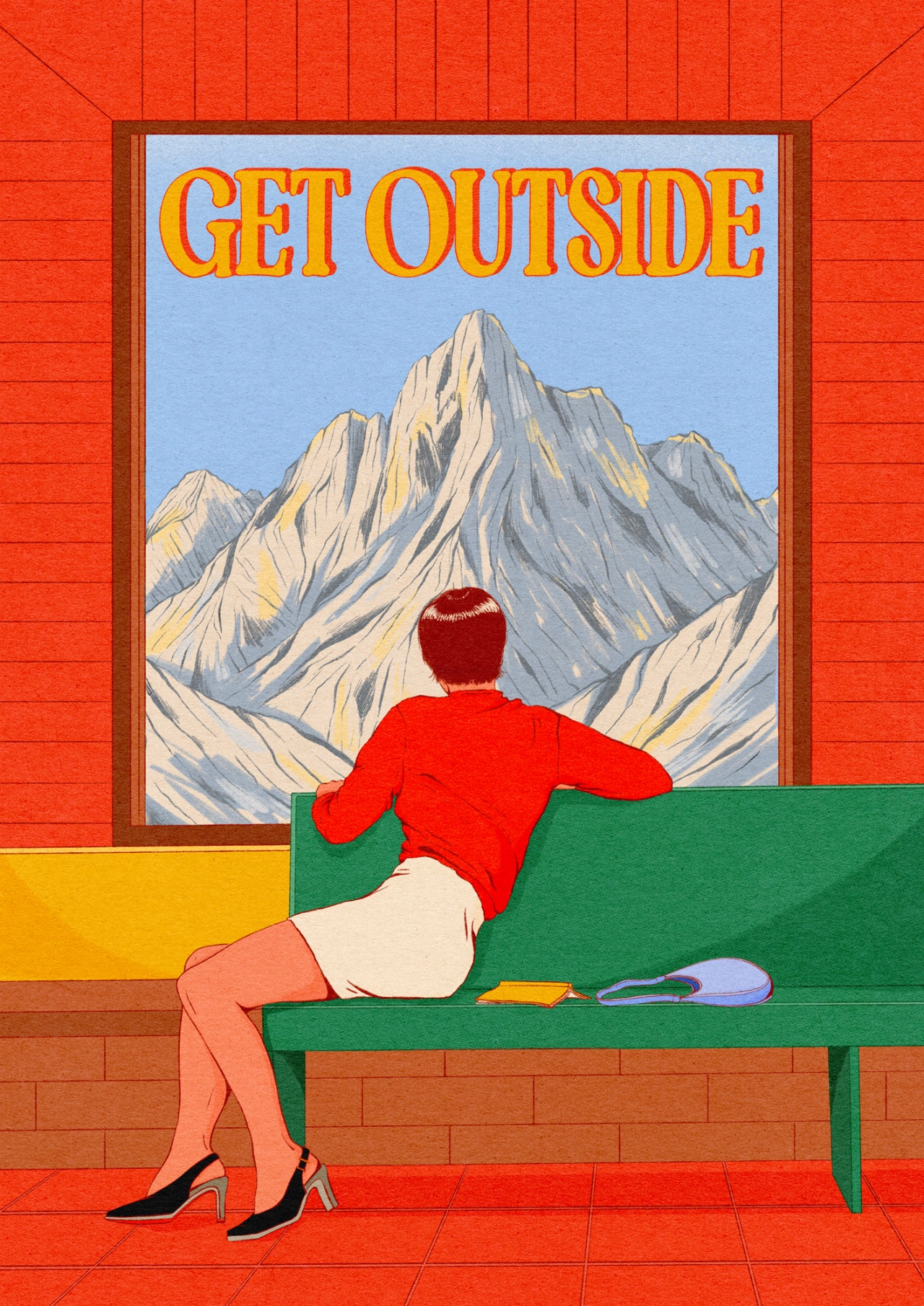 Person in red shirt sitting on green bench gazing at mountain landscape through window with Get Outside text above, against red brick wall