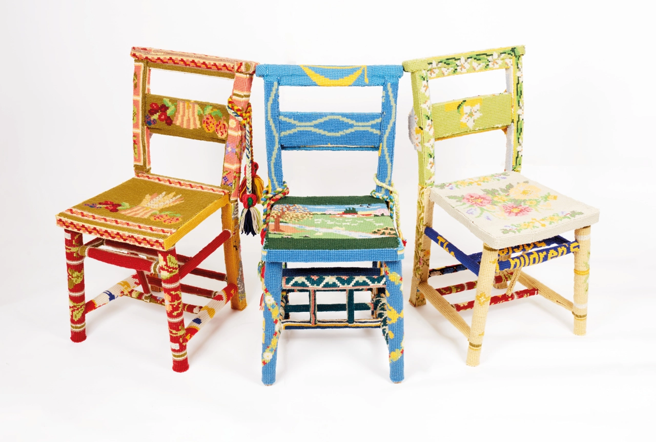 Sitting Together, HM Prison Bronzefield, Weavers' Company Platinum Award for Textile Art, wooden chairs and wool