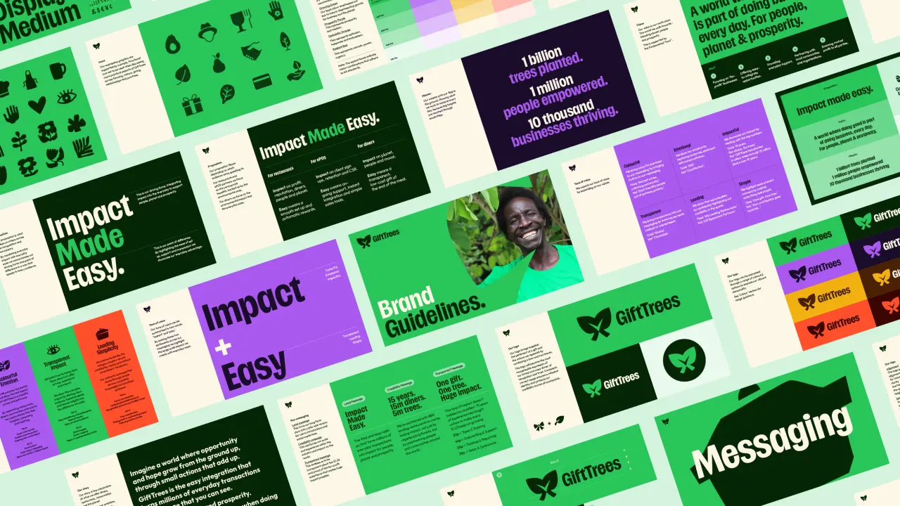 MOKSi's brand identity system for GiftTrees displayed across multiple pages featuring green, purple and black colour schemes with butterfly logo and messaging guidelines