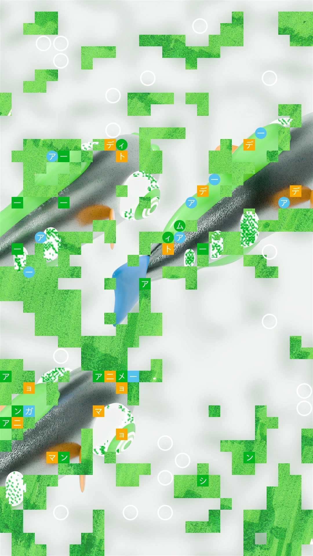 Aerial view of a pixelated green map with grey roads, colourful app icons, trees and a blue figure, representing digital navigation and connectivity