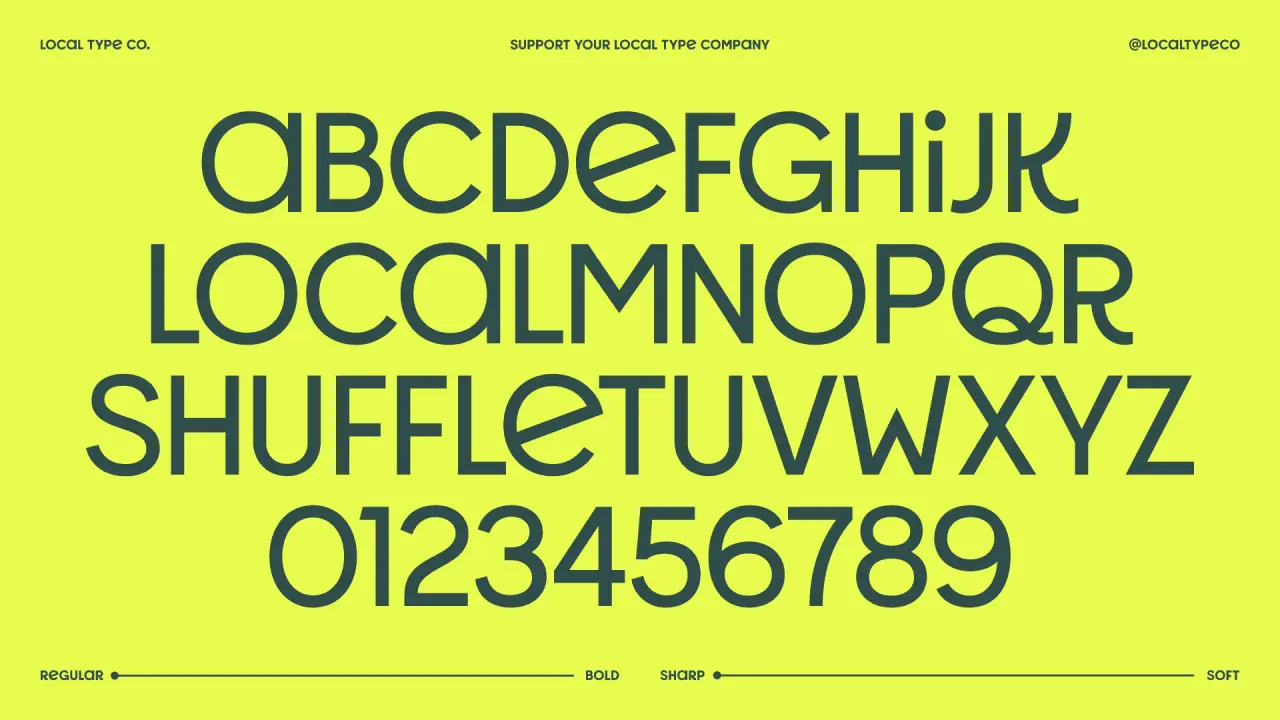 Complete alphabet and numerals of Shuffle typeface by Local Type Co displayed in teal on bright yellow background