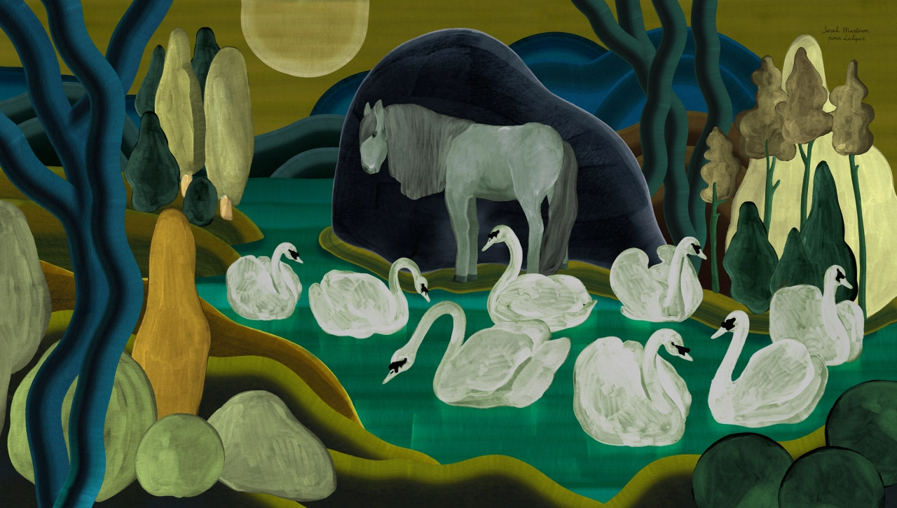 White swans gather on a green pond surrounded by stylised trees and foliage in muted yellows and blues under a pale moon