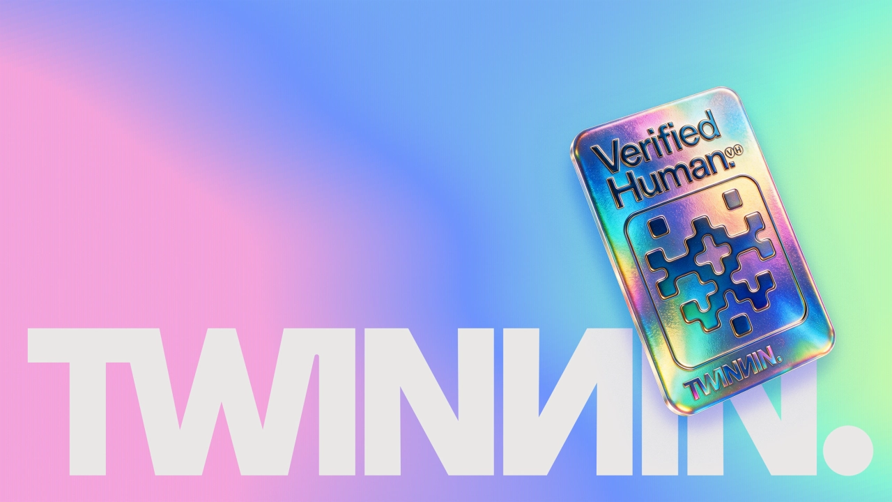 Twinnin app interface on a smartphone displaying the Verified Human logo with puzzle piece symbols against a pastel gradient background alongside large white text reading Twinnin