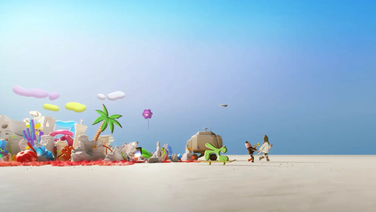 Colourful beach scene with toy-like characters and objects including a palm tree, sandcastle, and floating shapes against a blue sky
