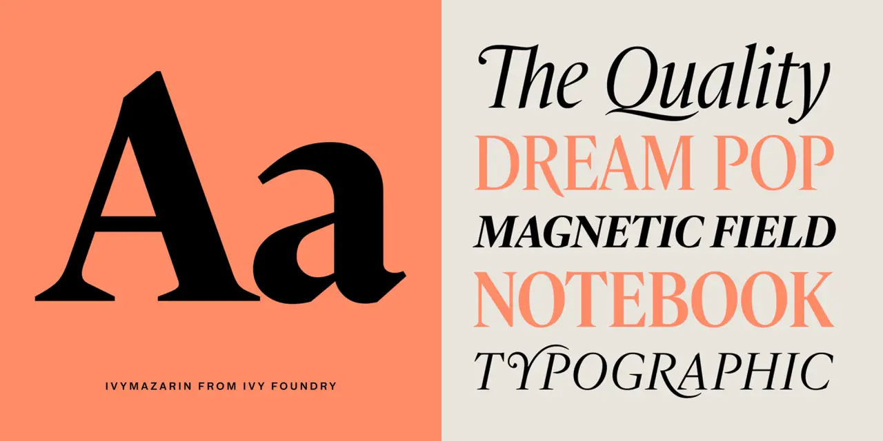 Ivy Mazarin typeface sample showing serif letters "Aa" on coral background beside text displaying font name and foundry details